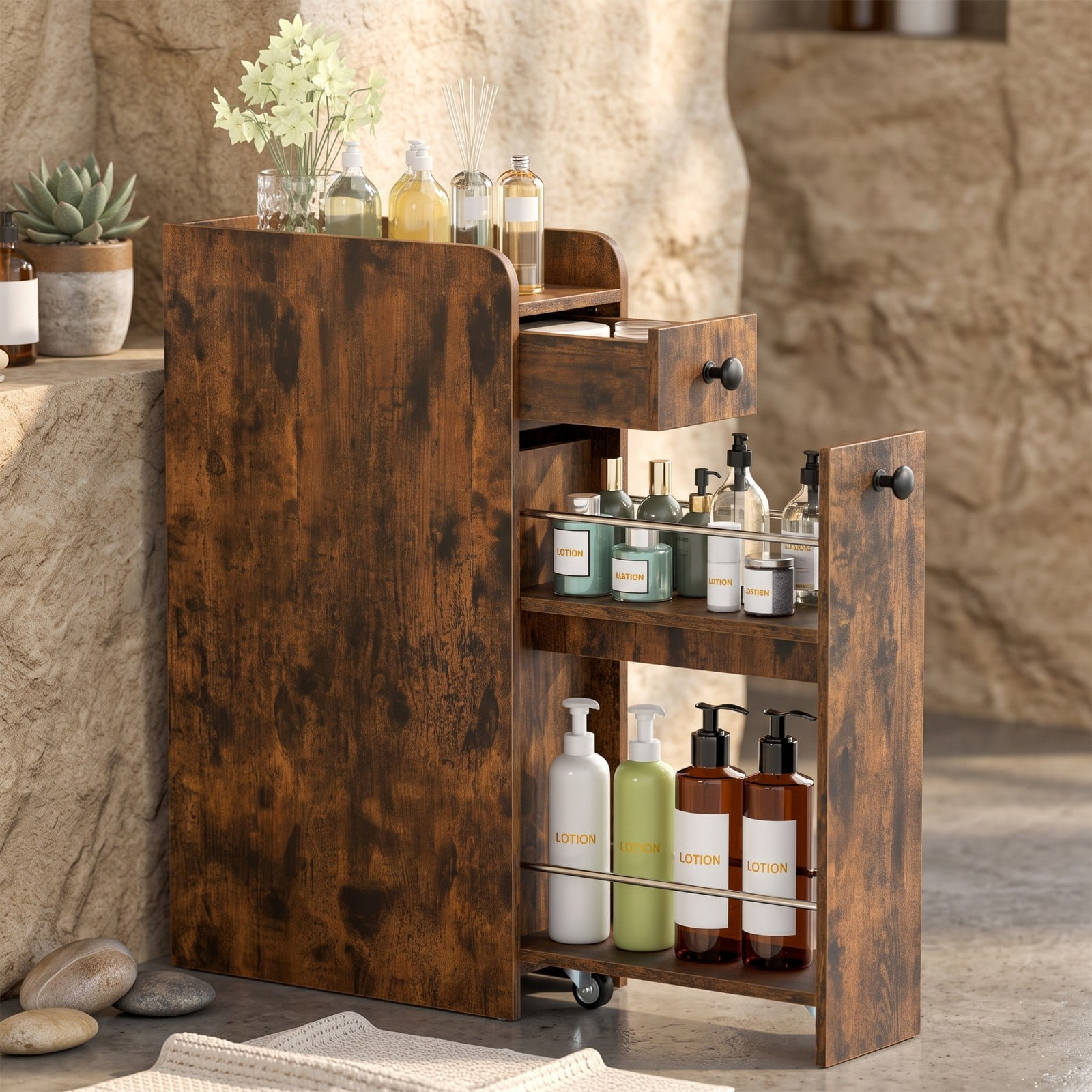 Fenbeli Small Bathroom Storage Cabinet, 4-Tier Narrow Slim Rolling Organizer with 3 Slide Out Drawers on Casters, Freestanding Storage Tower for Bathroom, Brown