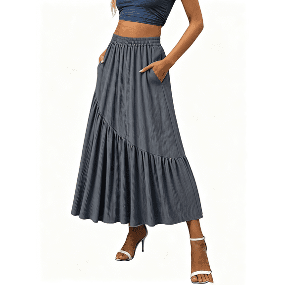 Busydd Womens Linen Skirt with Pockets Fashion Tiered Pleated Long Skirts Casual Elastic Waist Solid Color Flowy Skirts S