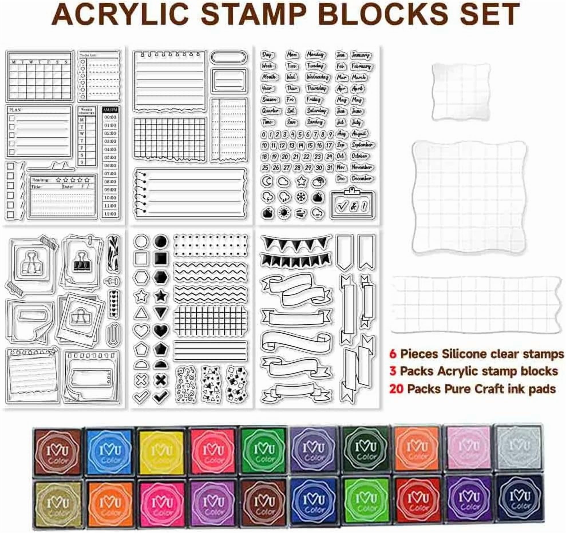 29 Pcs Journal Stamps for Crafting Card Making Supplies Set Include 3 Acrylic Clear Stamp Blocks 6 Clear Silicone Stamps Seals 20 Craft Ink Pads Calendar Planner Stamp for DIY diy