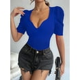thumbnail image 6 of Women'S Puff Long Sleeve Knit Pullover Sweaters Casual V Neck Ribbed Solid Soft Slim Fit Sweater Blouse Tops Blue L, 6 of 9