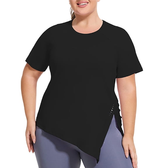 Tnhcen Women's Plus Size Yoga Tops, Loose Fit Workout Shirt, Round Neck Short Sleeve Athletic Top with Asymmetric Hem, Breathable Lounge Shirts for Women XL-4XL
