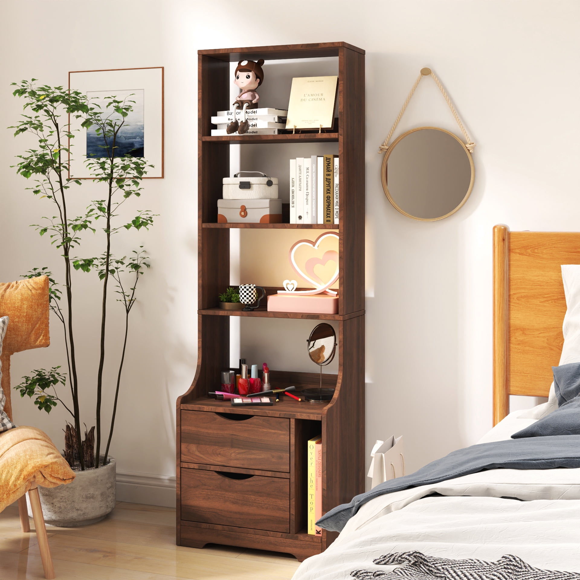 Nightstand, with Integrated Bookshelf and 2 Storage Drawers, Vertical Space-Saving Design for Bedroom and Study, 18.7x13.39x58.11 Inch Walnut