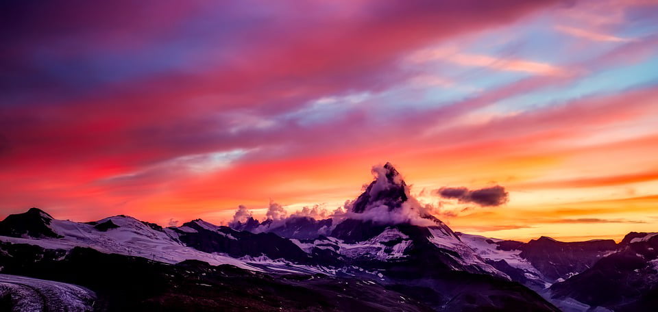 Switzerland 24x16 Giclee Art Print, Gallery Framed, White Wood Matterhorn Mountain Peak and Sunset The Alps