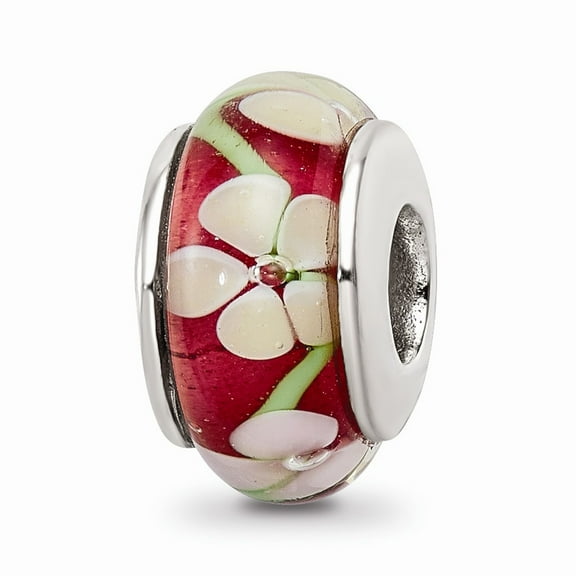 Fancy Bead White Sterling Silver Glass 13.64 mm 7.27 Reflections Red Floral Hand-Blown Bead