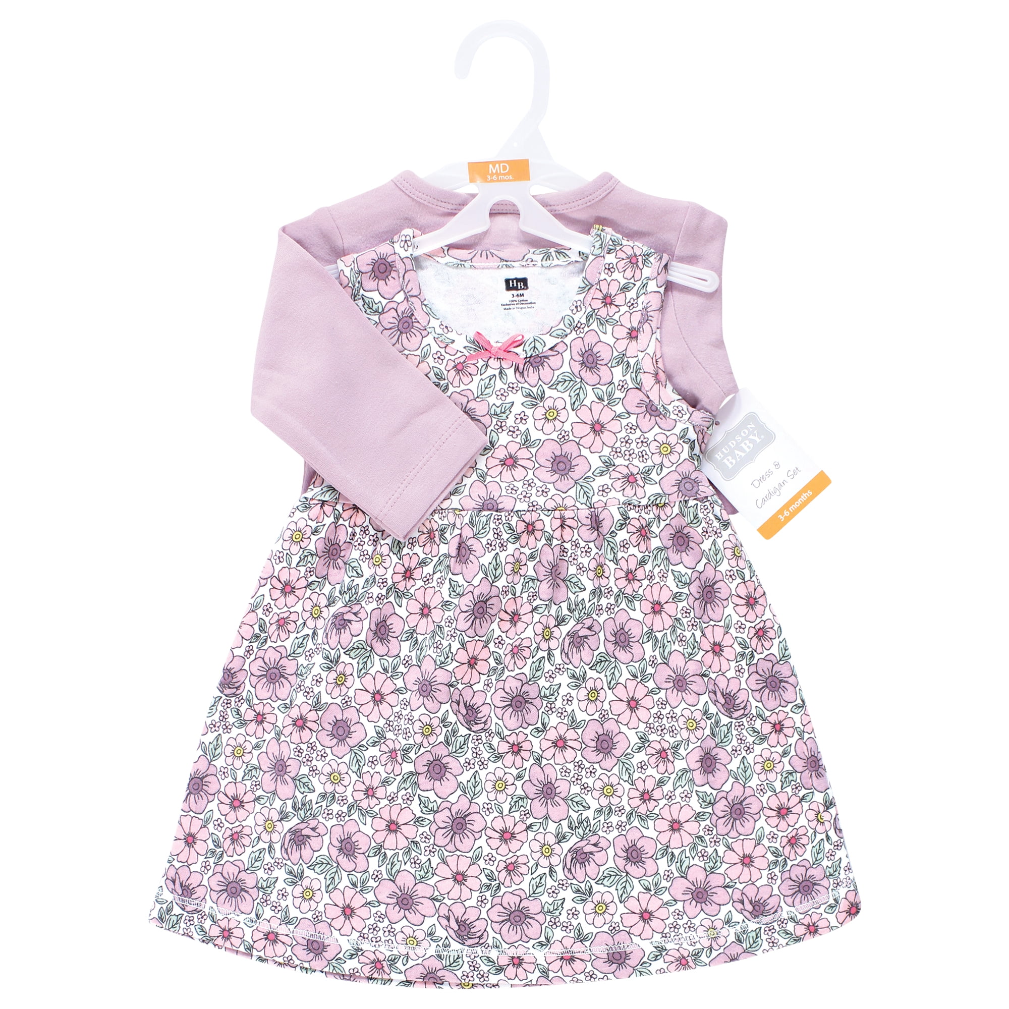 Hudson Baby Infant and Toddler Girls Cotton Dress and Cardigan Set, Pink Purple Pretty Floral, 3T