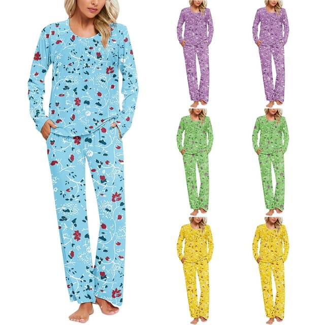 Sentmoon 2 Pcs Pantalons de Pyjama Col Rond Femmes Vêtements de Nuit Amples Respirants avec Imprimé Robes de Nuit Aguichant pour Femme avec Poches Mode pour Se Détendre à la Maison TG