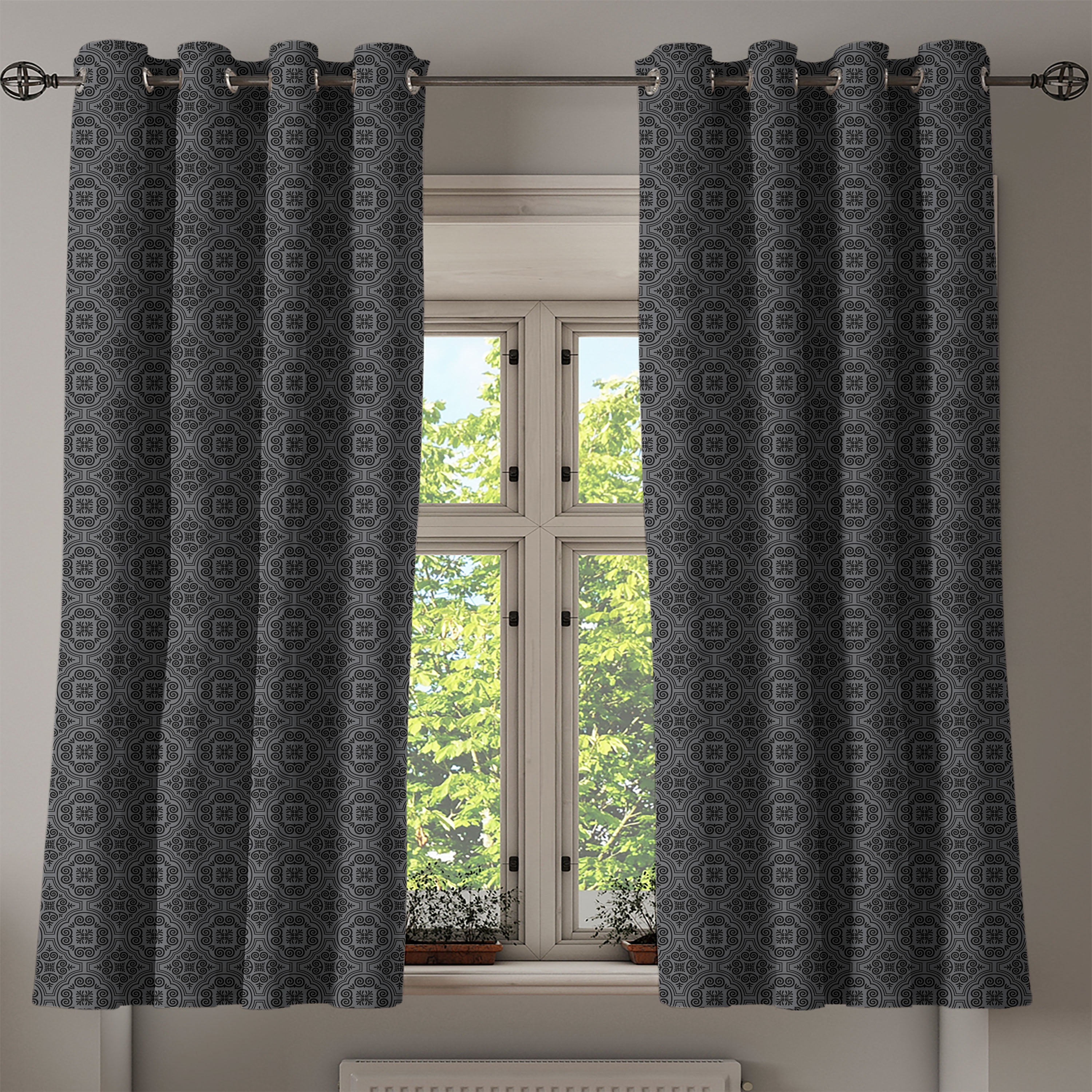 Dark Grey Grommet Curtain, Baroque Venetian Flower Motifs Medieval