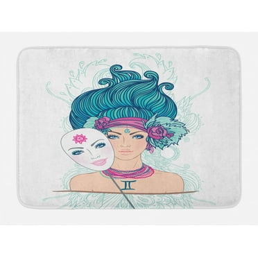 Zodiac Gemini Bath Mat, Young Woman with Sad Expression Holding a Mask Expressing Cheerfulness Artful, Non-Slip Plush Mat Bathroom Kitchen Laundry Room Decor, 29.5 X 17.5 Inches, Multicolor, Ambesonne