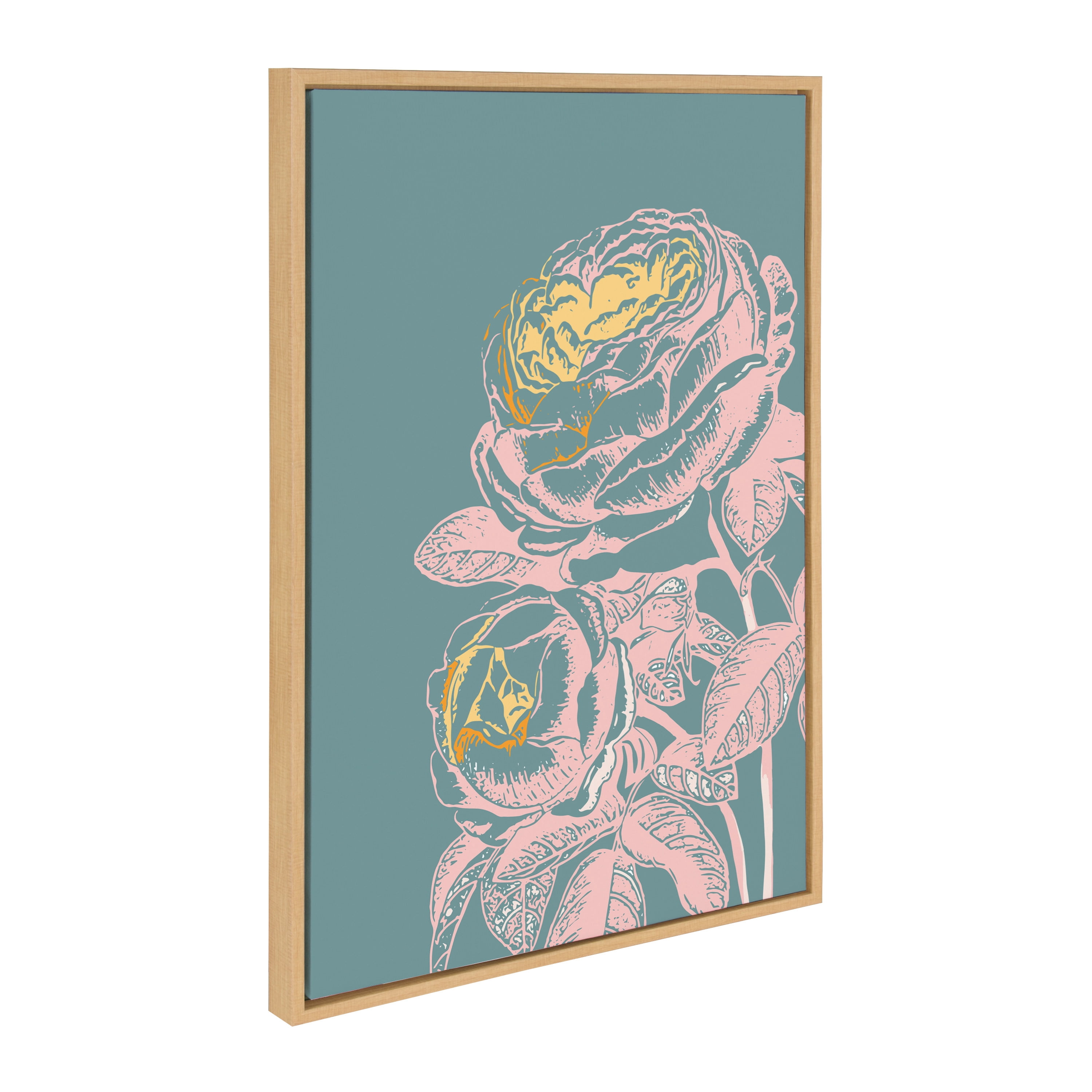 Kate and Laurel Sylvie Floral in Teal Framed Canvas Wall Art by Apricot and Birch, 23x33 Natural, Farmhouse Floral Art for Wall