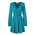 thumbnail image 2 of Leadingstar Women Solid Long Sleeve Elastic Waist Wrap V-Neck Fit Flare Dress Burgundy L, 2 of 9
