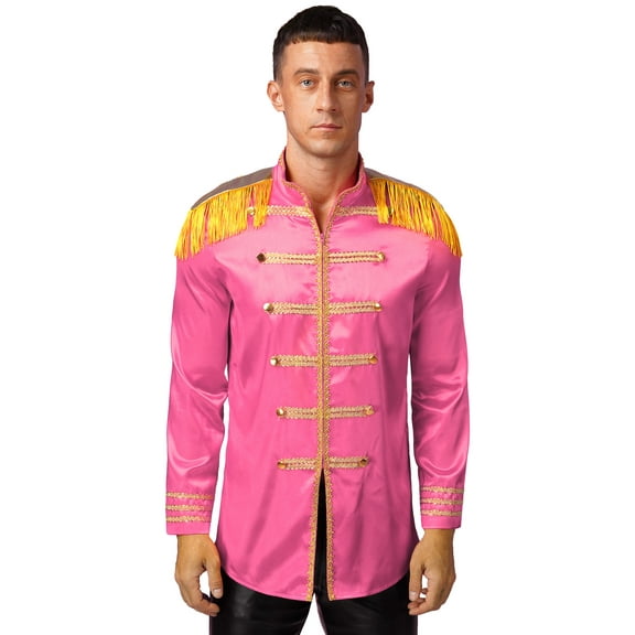 TiaoBug Men Halloween Sergeant Pepper Long Sleeve Satin Jacket Marching Band Rock Hippie Coat Hot Pink XL
