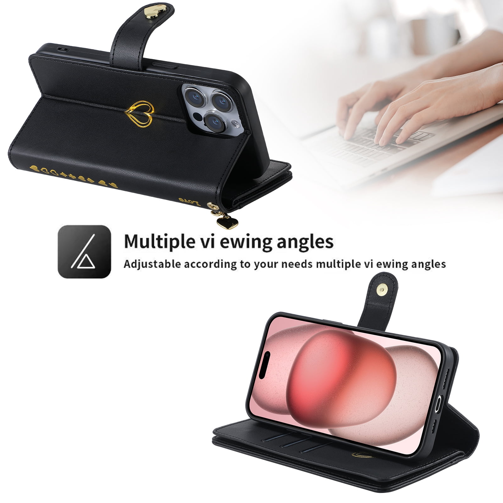 Case for iPhone 15 Wallet phone case with zipper pocket, wrist strap, flip cover and built-in card slots.