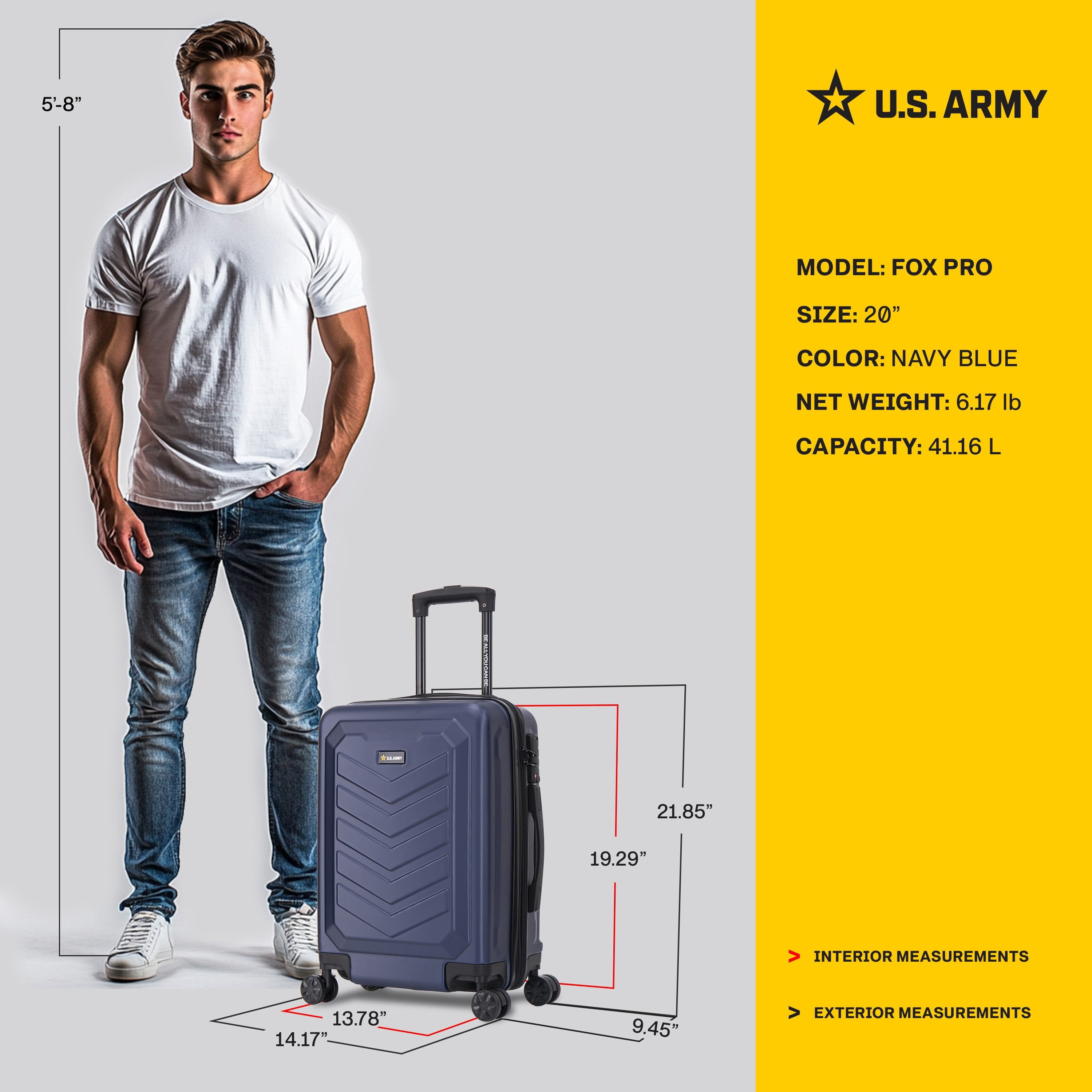US ARMY FOX PRO 20" Expandable Carry-On Suitcase with TSA Lock Navy Blue