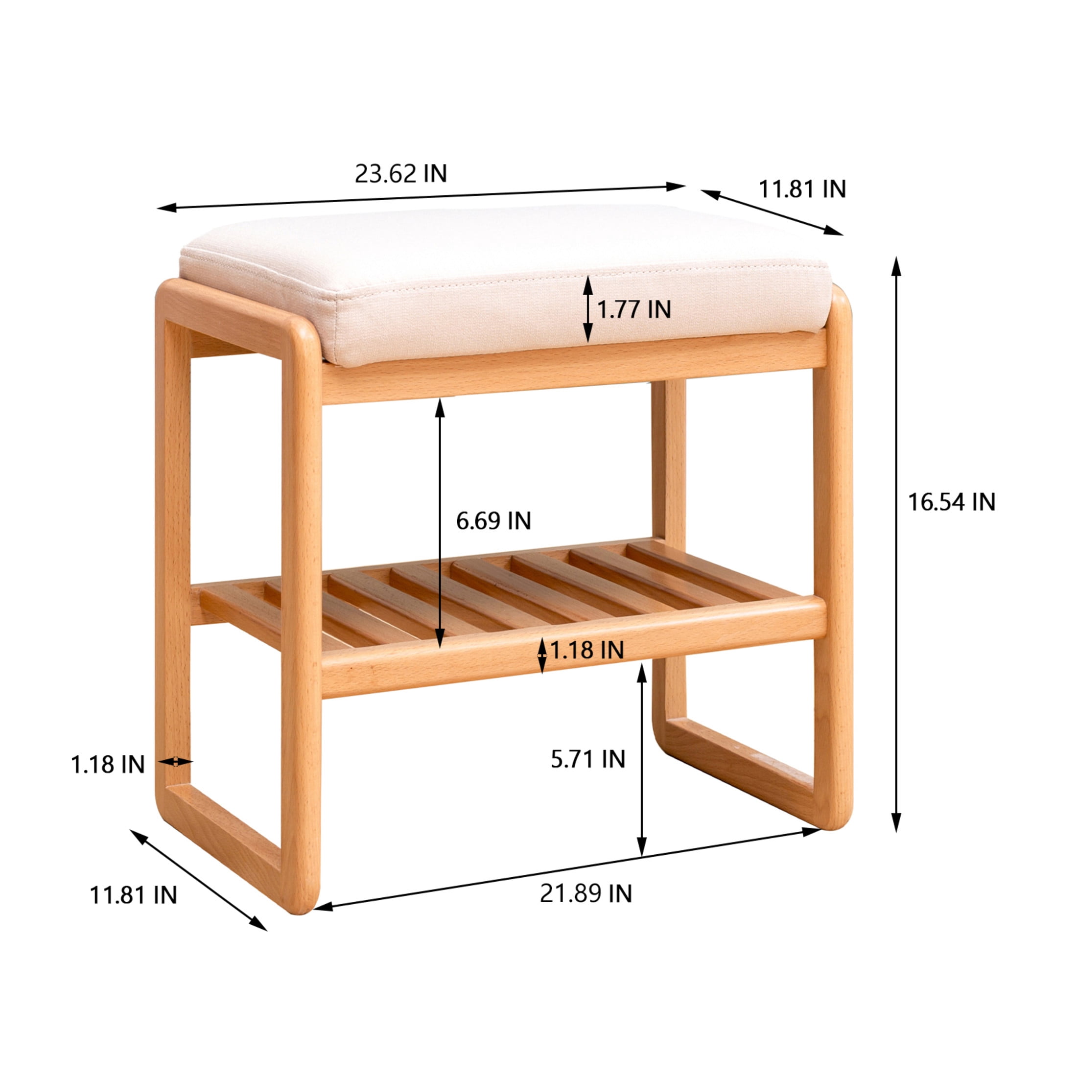 Natural Solid Wood Shoe Bench, Beech Wood Storage Rack Organizer with Upholstered High Rebound Cushion, Multifunctional Wooden Bench for Entryway or Bedroom, Natural
