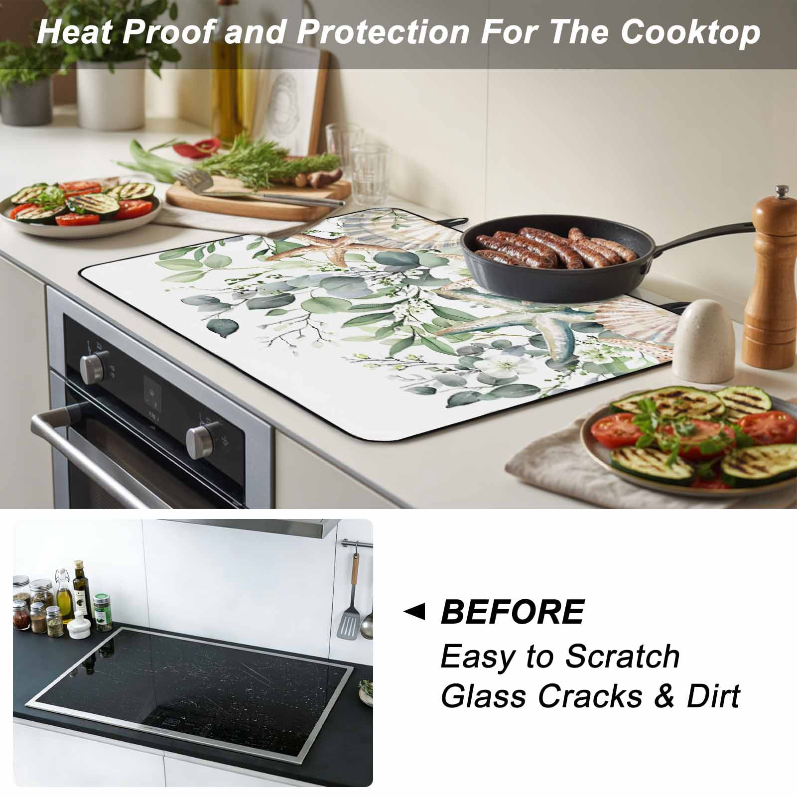Sage Green Coastal Stove Top Cover for Electric Stove, Heat-proof & Non Slip Glass Top Stove Cover Protector, Spring Eucalyptus Leaves Kitchen Flat Cooktop Rubber Mat 24x21 Inches