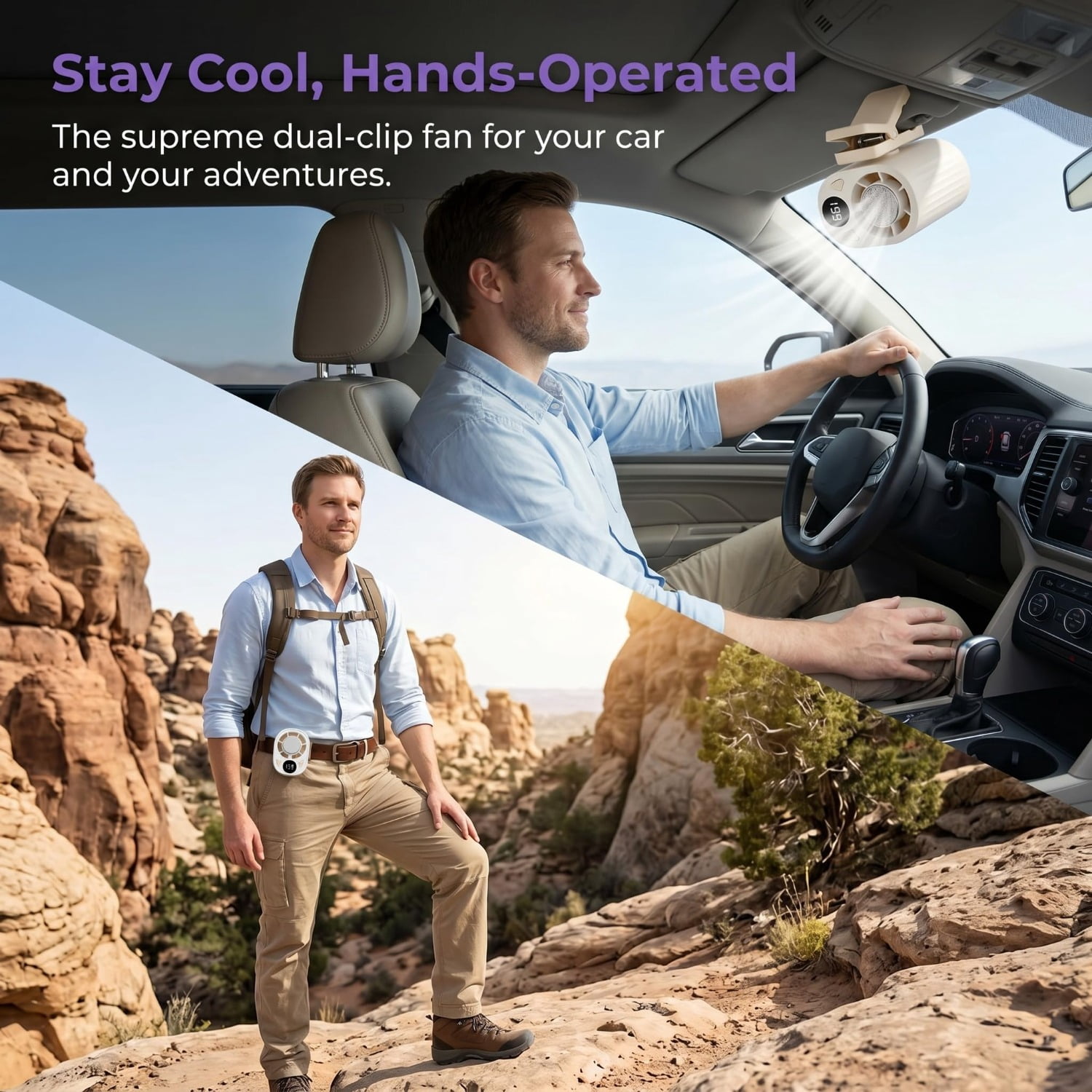 Car Clip on Air Conditioner Fan – 360° Rotation Portable Personal AC with Semiconductor Cooling, USB Rechargeable, for Car Visor, Roof Handle, Bed, Umbrella