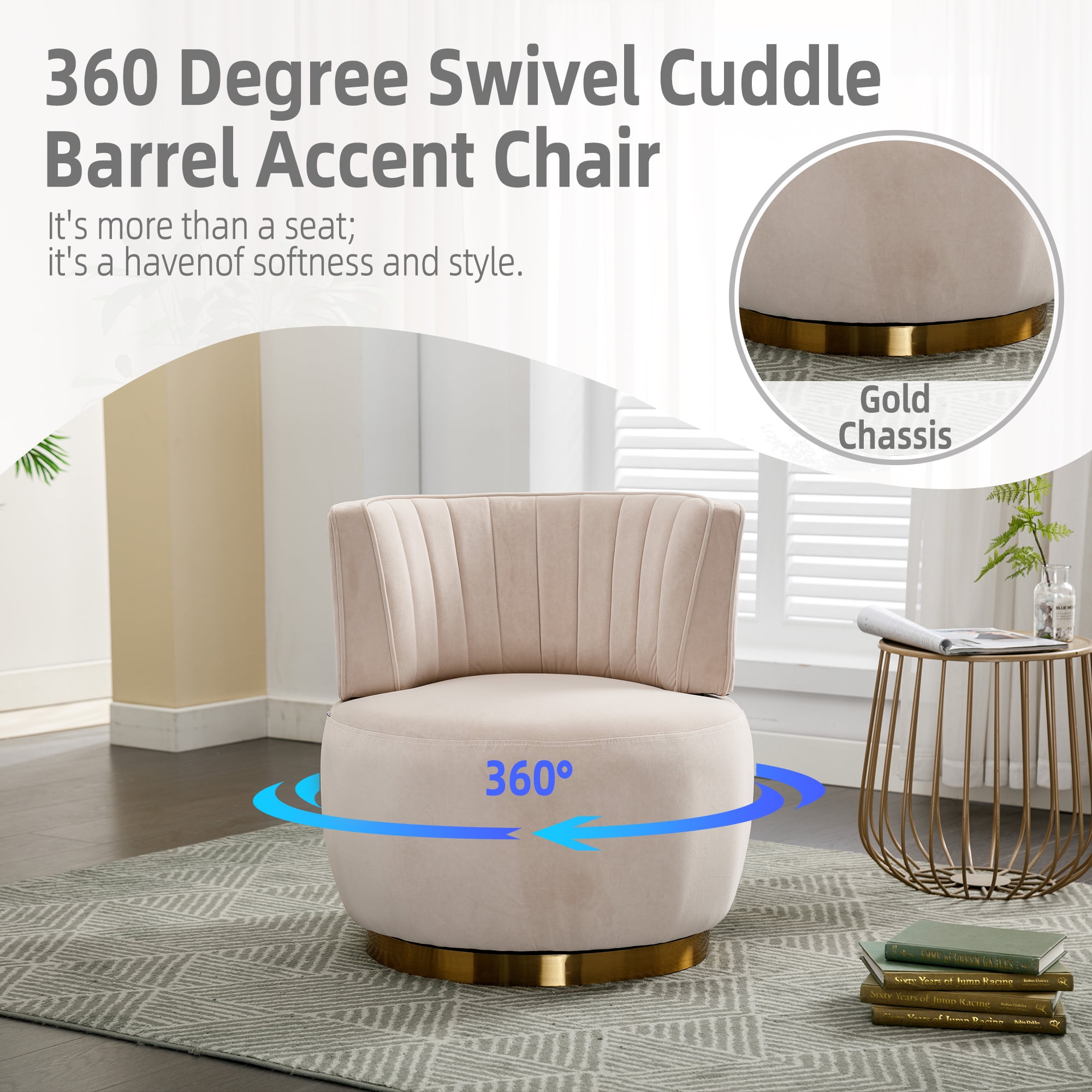 MAYEERTY 360 Degree Swivel Cuddle Barrel Accent Sofa Chairs, Round Armchairs with Wide Upholstered, Fluffy Velvet Fabric Chair for Living Room, Bedroom, Office, Waiting Rooms