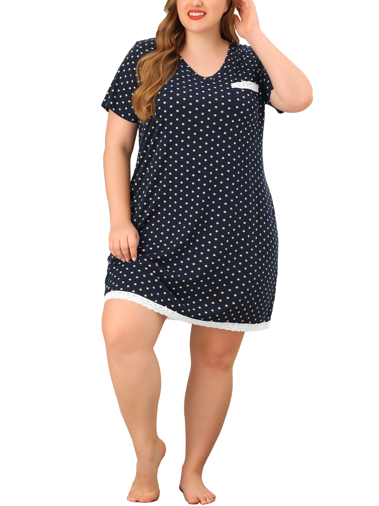 Unique Bargains Women's Plus Nightgown V Neck Dots Short Sleeve Sleepwear