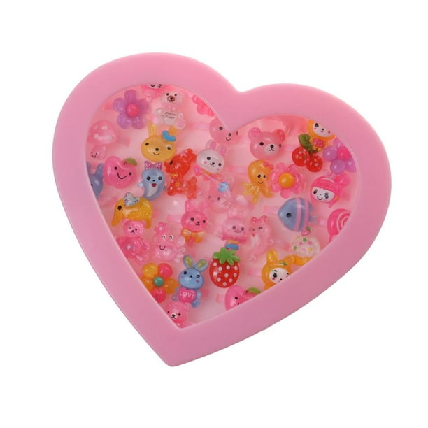 36 piezas de anillos de resina de plástico lindo en caja en apariencia de conjunto de joyas de dibujos animados para niñas