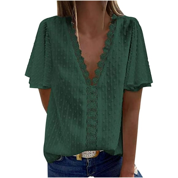 Clearance Staron Womens Summer Tops Lace Crochet V Neck T-Shirts Hollow out Short Sleeve Tops Casual Loose Fitting Spring Summer Blouses Tops Gifts for Moms Army Green L