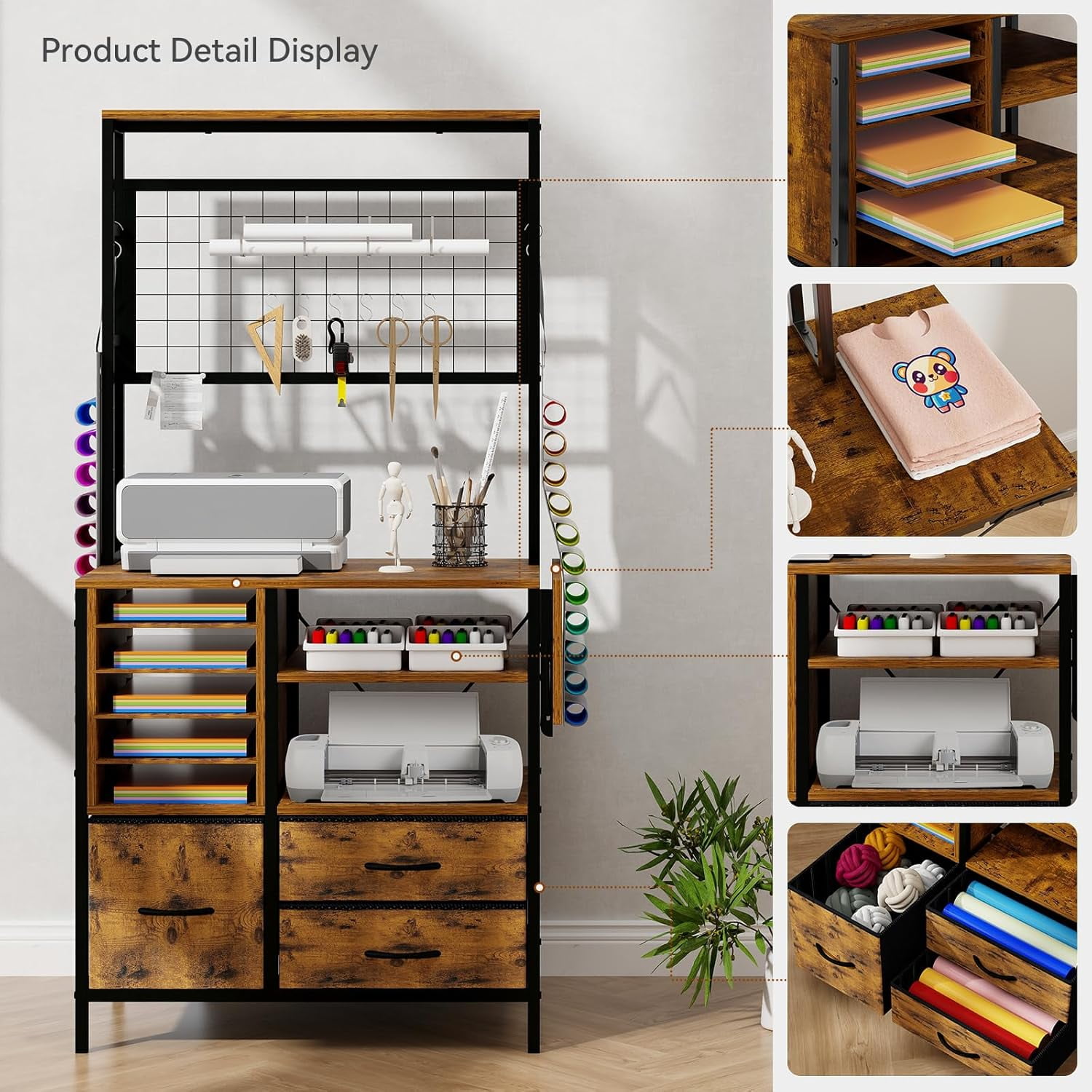 Craft Organizers and Storage Cabinet Brown Cricut Table with Drawer Sewing Table with Fold Out Crafting Desk for Vinyl Roll Holder for Craft Room