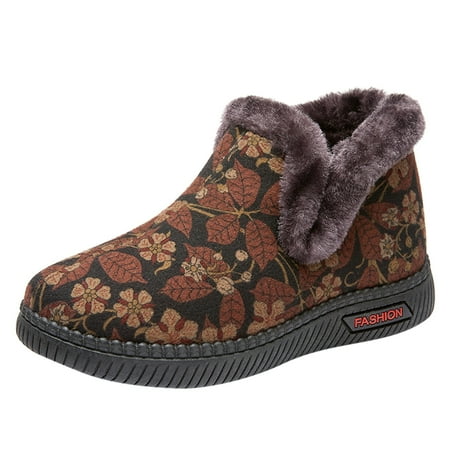 

EUHDSSDE Winter Women Snow Boots Flat Non Slip Round Toe Slip On Plush Flowers Warm And Comfortable