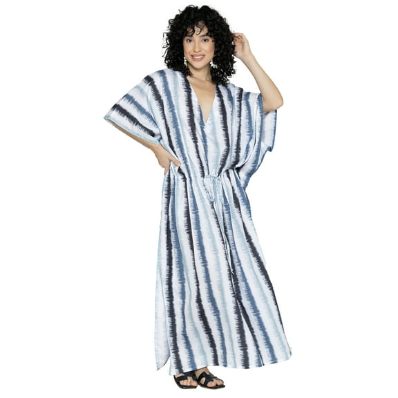 LA LEELA Women's Summer Vacation Swimwear Cover Up Beach Bikini Kaftan Regular Fit Beachwear Dress Bathing Suit Caftan 2X-3X Grey Stripes