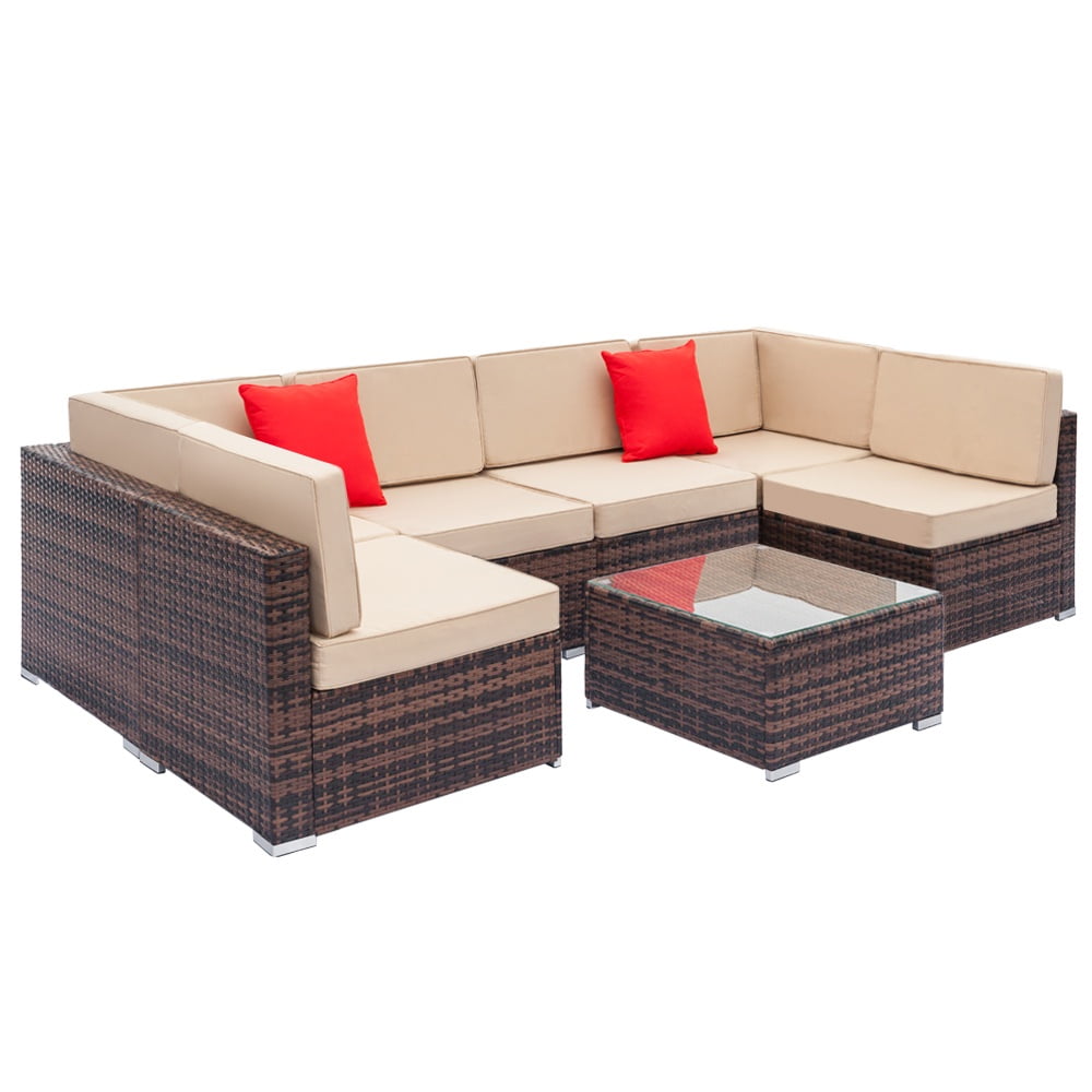 Seizeen Patio Funiture Set, Patio Sectional Sofa with 1 Multifunctional Table & Ottoman, 5-Piece Gray PE Wicker Rattan Sectional Sofa Set for Garden, Poolside, Backyard, Beige Cushions
