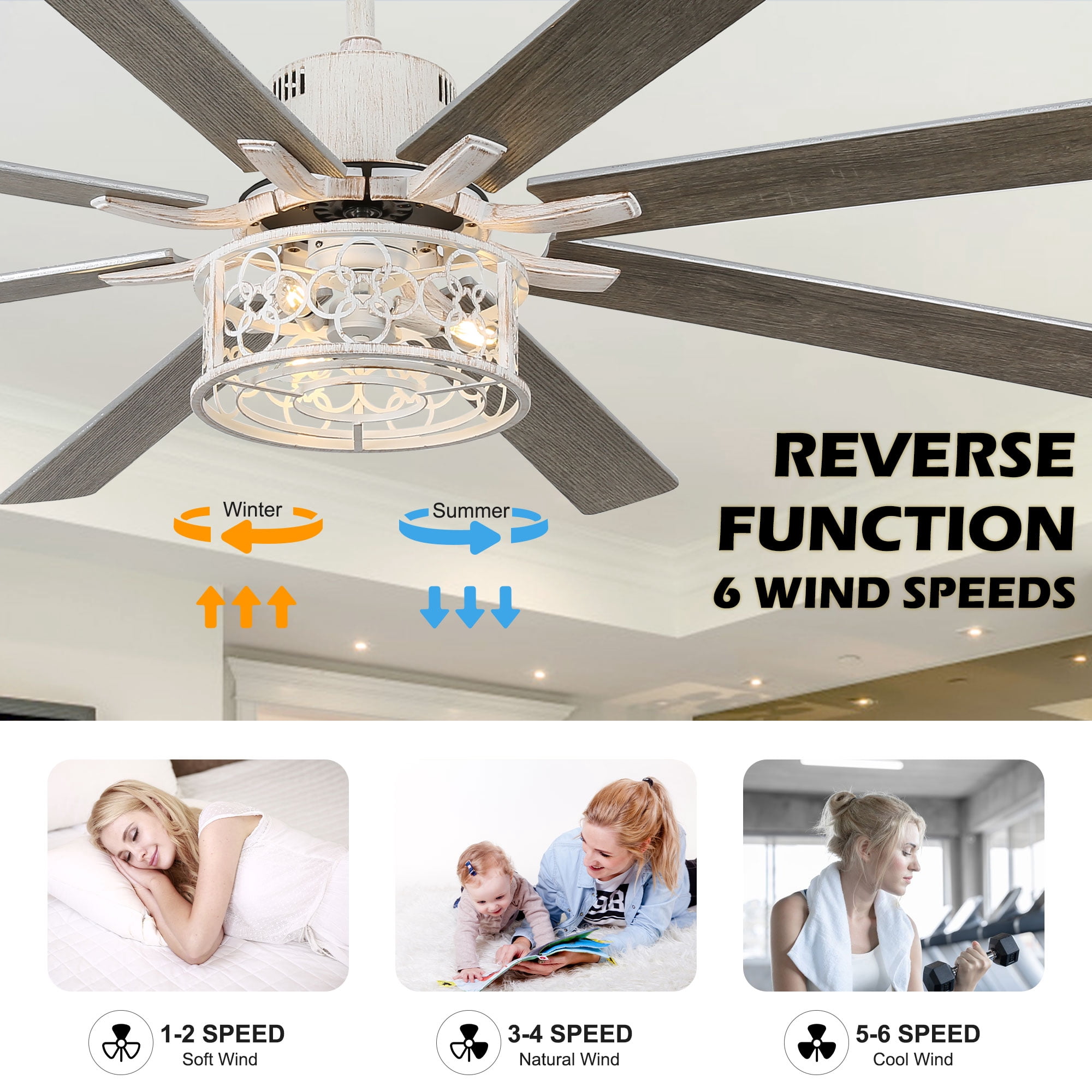 Chords Attic 72" Reversible 8-Blade Ceiling Fan with LED Lights, Remote 3-Color, 6-Speed and Timer