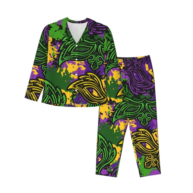 Fotbe Mardi Gras7 Conjunto de Pijama de Manga Larga para Mujer con Estampado, Ropa de Dormir de 2 Piezas, Conjunto de Casa Suave y Cómodo con Bolsillos-Small