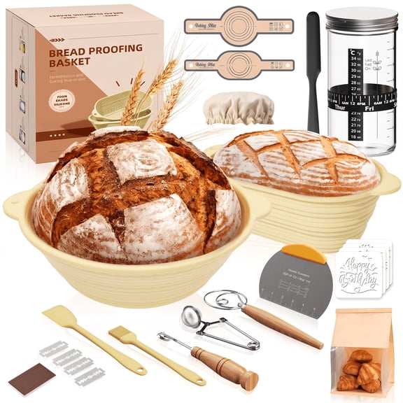 Sourdough Starter Kit, 10in Round & Oval Silicone Bread Proofing Baskets Set, Complete Sourdough Bread Baking Supplies for Beginners