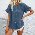 thumbnail image 4 of Timegard Tops for Women Ruched Ruffle Short Sleeve Stand Collar Shirts Casual Loose Button up Blouse, 4 of 5