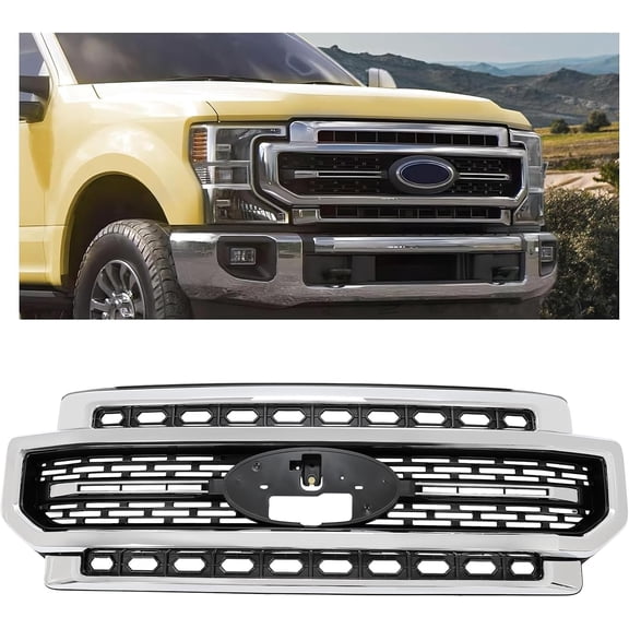Kojem Front Bumper Grille for 2020-2022 Ford F250 F350 Super Duty Chrome Bumper Grill Silvery Black