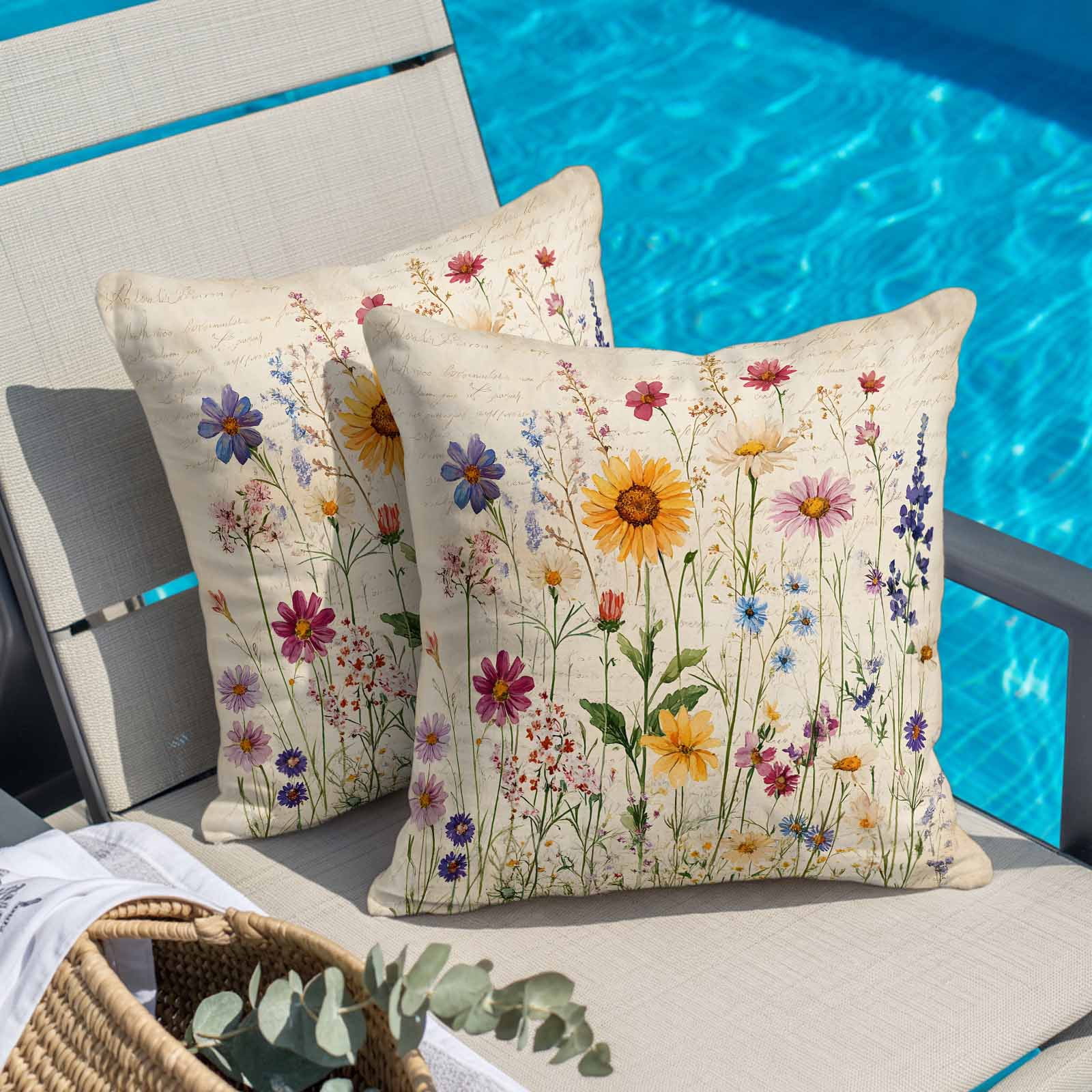 Spring Floral Pillow Covers 18x18 Inch, Vintage Pastoral Rustic Botanical Flowers Linen Pillowcase with Invisible Zipper, Decorative Throw Pillow Covers Cushion Case for Couch Sofa Bed Living Room