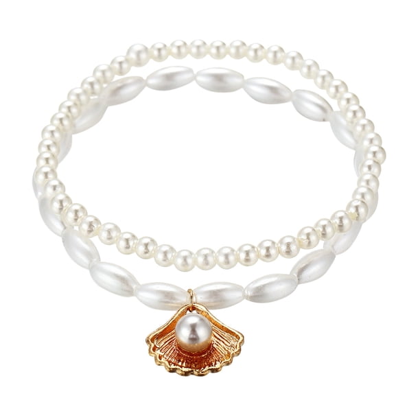 Tobilleras boho de doble capa para mujer con colgante de perlas y conchas marinas, cadenas para el pie y pulsera de playa con forma de 8