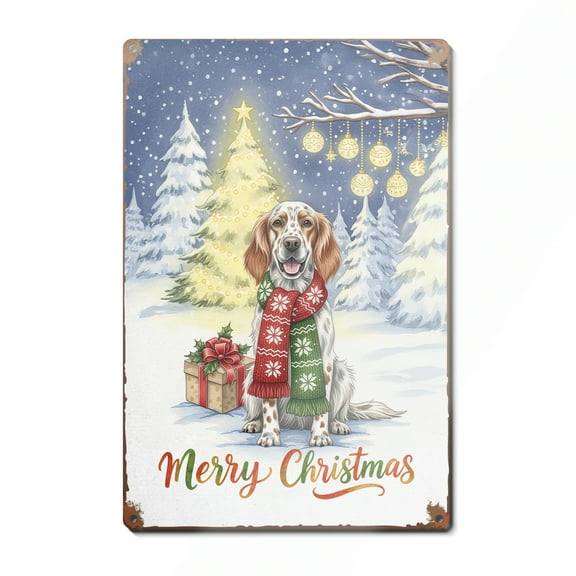 Merry Christmas English Setter Snowy Winter with Gifts Tree Decorations Vertical Metal Aluminum Sign Dog Lover Wall Art Home Decor - 12020