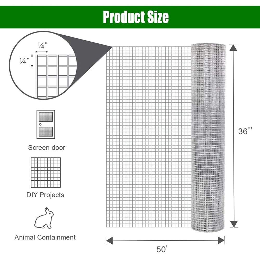Heavy Duty 1/4" Galvanized Hardware Cloth-36"x 50'Rust-Proof Wire Mesh for Gardening, Fencing & Pest Control (Rodents/Snakes/Spiders)