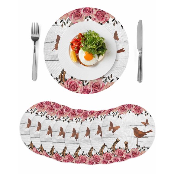 Pink Roses Birds Round 13 Inch Placemats Set of 8, Spring Floral Butterflies Gray Wooden HeatResistant Non Slip Place Mats for Dining Table, Wipeable Braided Kitchen Table Mats for Housewarming