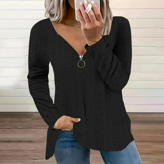Women V Neck Long Sleeve T Shirt Plus Size Loose Fit Eyelet Tops Fall Fashion 1/4 Zipper Blouse Casual Tunic Tops Tee Black XXXXL
