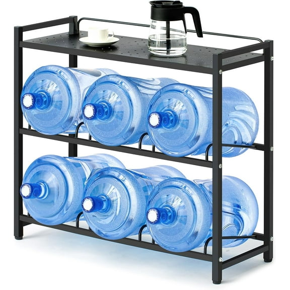 5 Gallon Water Bottle Holder 6-Tray 3/5 Gallon Water Jug Rack with Top Shelf Heavy Duty Jug Stand for Kitchen, Office, Garage Black