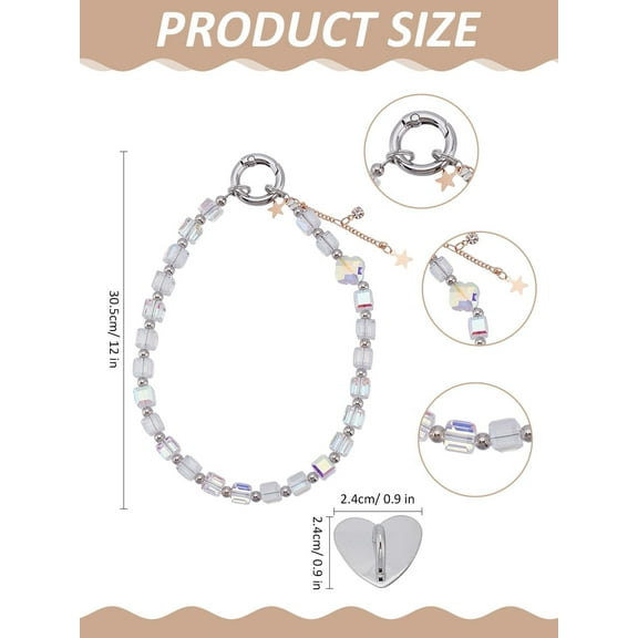 1 Pc Transparent Glass Cube Mobile Straps Beaded Phone Charm with Alloy Cell Phone Heart Holder Stand Non-Lost Beaded Handsets Lanyard for Women Camera Keychain Decoration 305mm Long