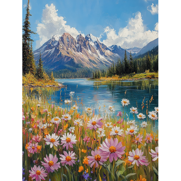 Mountain Lake Wildflowers Canvas Painting,Suitable for Living Room,Bedroom,Office,Bathroom,Hallway Decoration