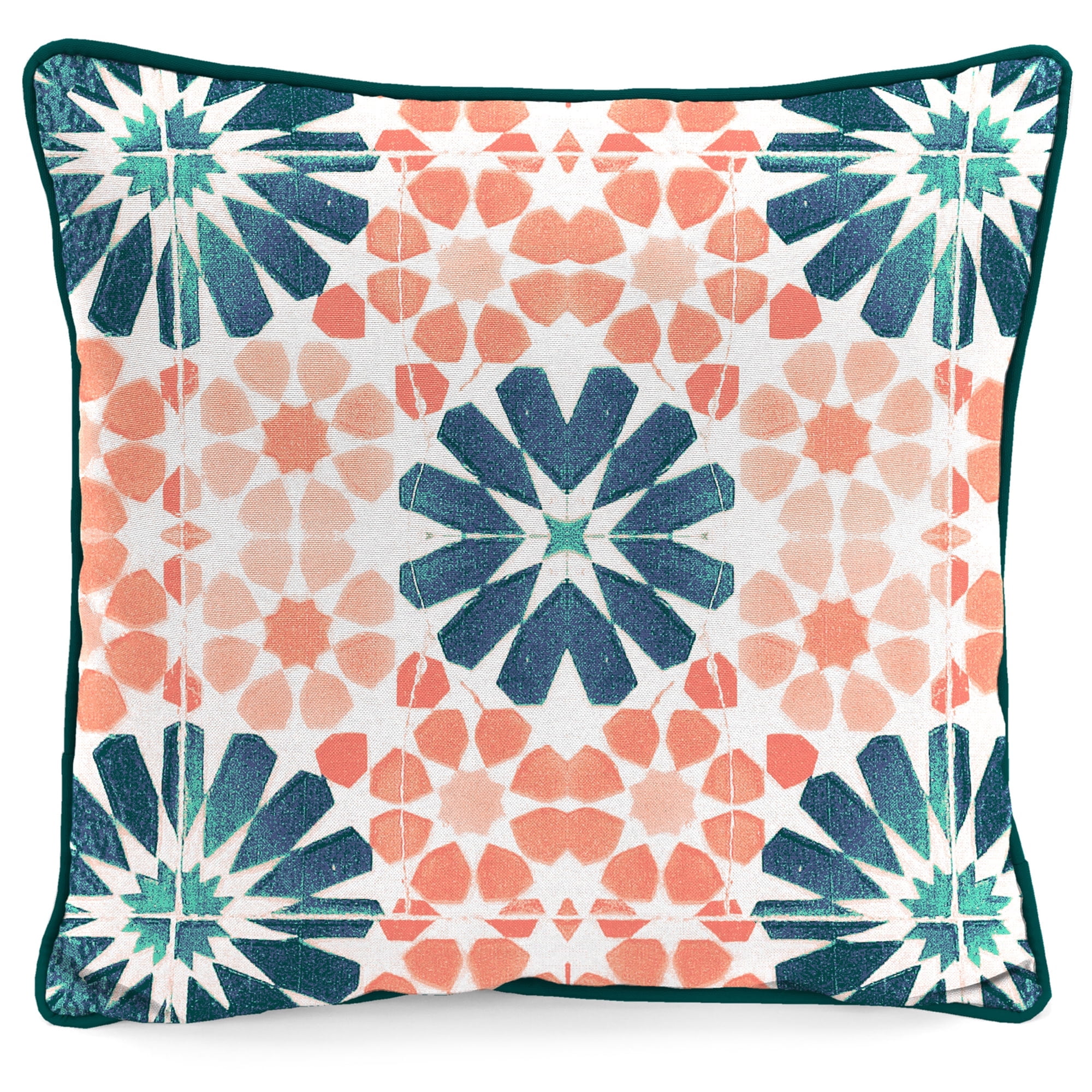 Jordan Manufacturing 16" x 16" Find Me on the Patio Natural Novelty and Multicolor Medallion Reversible Square Outdoor Throw Pillow with Welt