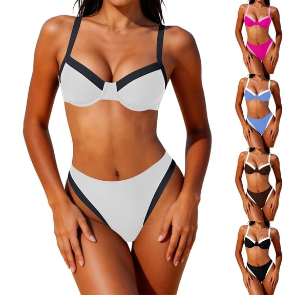 Womens Push Up High Waisted Bikini Set with Underwire Colorblock V Neck Tummy Control 2 Piece Swimsuit for Beach White XL(XL)