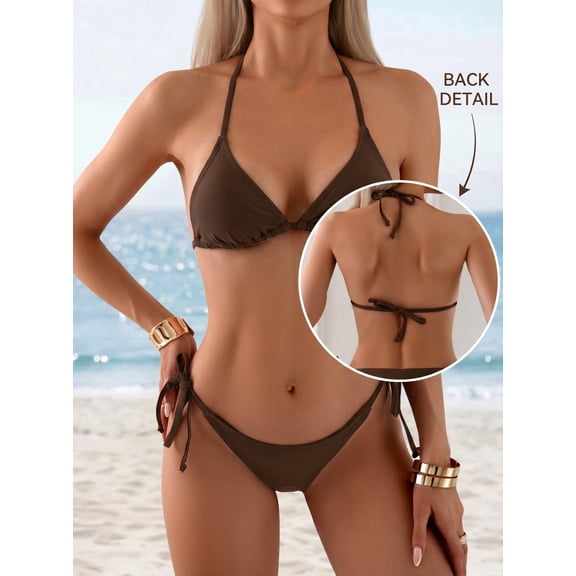 Kaper Women's Brown Solid Bikini Set, 2 Piece Drawstring Triangle Swimsuit, Halter Neck Tie Side Beachwear for Vacation