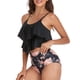 thumbnail image 2 of Traje de baño para mujer, estampado de moda, 2 piezas, doble capa, traje de baño con volantes para mujer, para verano, playa, natación, Top negro, pantalones cortos florales vintage S, 2 of 5