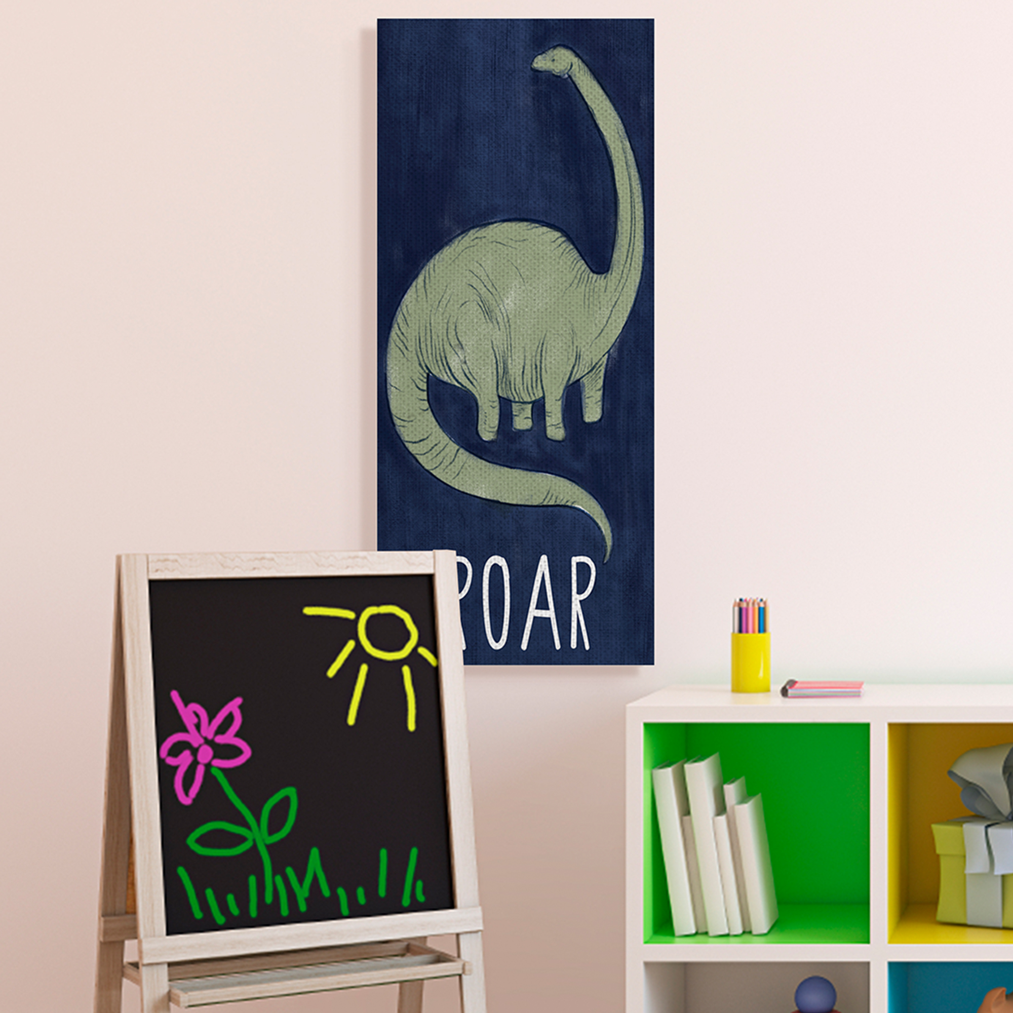 Stupell Industries Tall Green Dinosaur Roar Text Over Blue Canvas Wall Art, 17 x 40, Design by Daphne Polselli