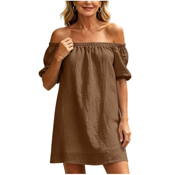 Kukoosong Women's Off The Shoulder Mini Dress, Short Sleeve Flowy Dress, Casual Summer Beach Sundress, Lightweight Button Up Pocket Loose Fit Dress