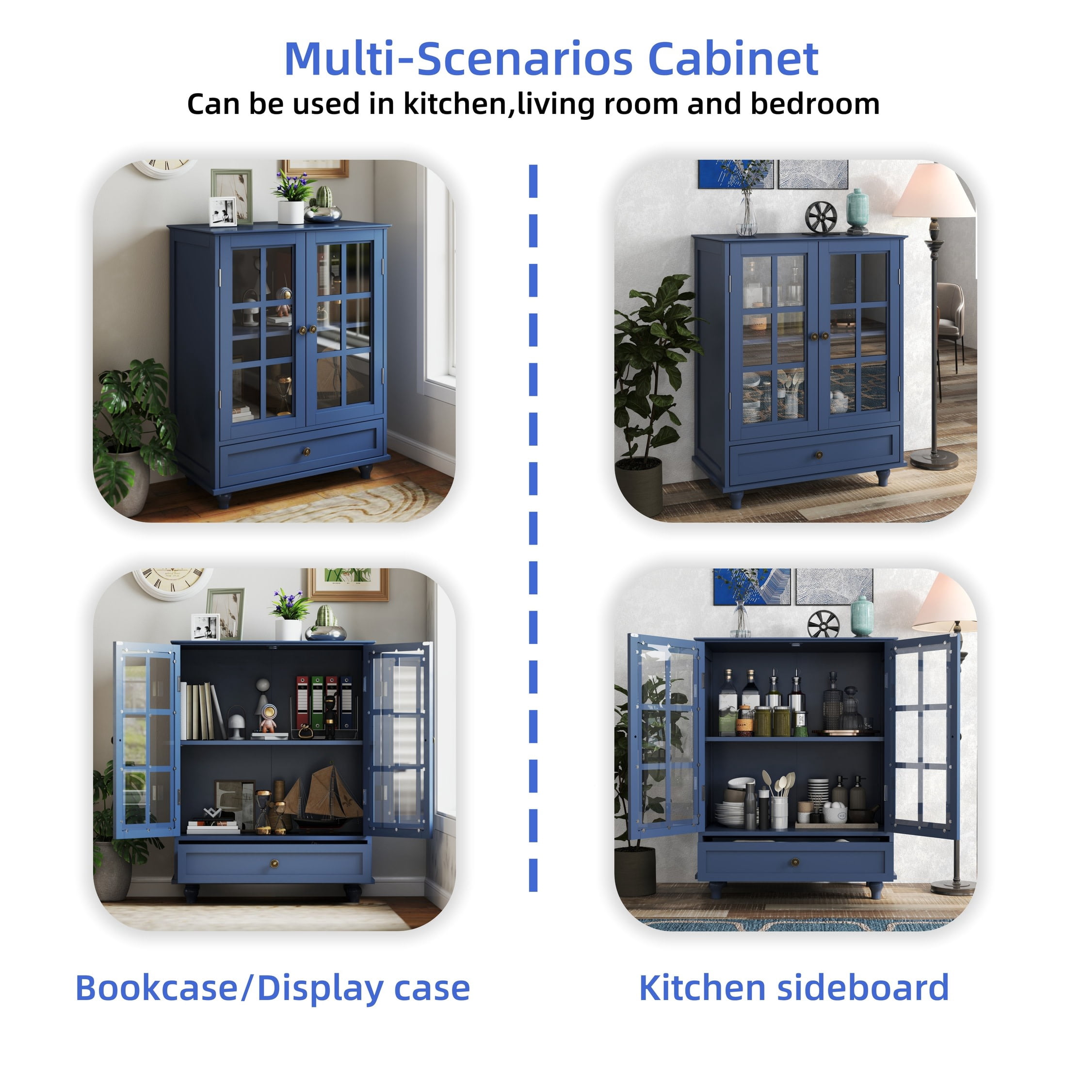 Noble House Minimalist Buffet Cabinet with Glass Doors and Drawer, Sideboard Cupboard for Dining Room, Vintage Blue