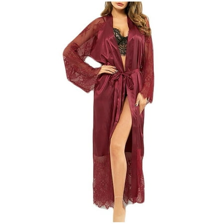 Ersazi Women Silk Lace Satin Long Robe Bathrobe Lingerie Sleepwear Belt Pajamas On Clearance Womens Pajamas Wine L